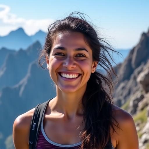 Maya 'The Ascent' Sharma, founder of TrailBlaze Gear, smiling at the top of a mountain after a trail run.